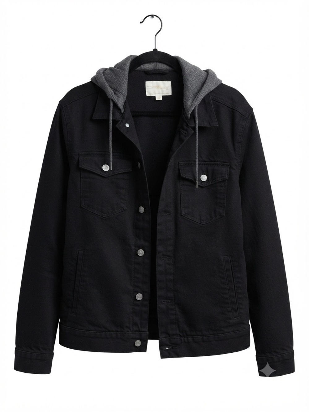 American Eagle Black Denim Jacket with Attached Grey Hood (M) y2k